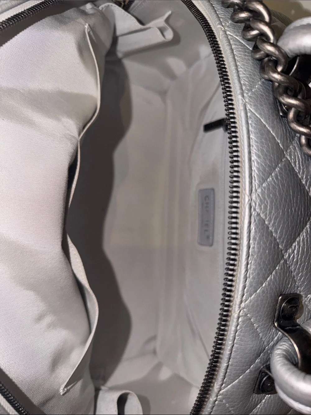 CHANEL Airline Silver Small Roundtrip Bowling Bag (RHW)